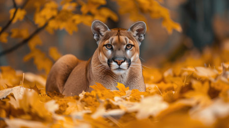Mountain Lion Amidst Autumn Leavesの素材
