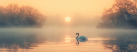 The Lake's Morning Jewel: A White Swan Basks in the Warm Glow of Sunrise.の素材