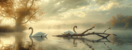 two swans floating on a lake near two fallen trees on a sunny dayの素材