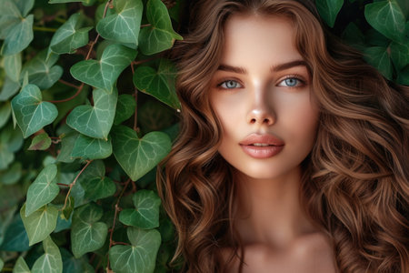Gorgeous wavy hair and ivy leaves Portrait of a womanの素材