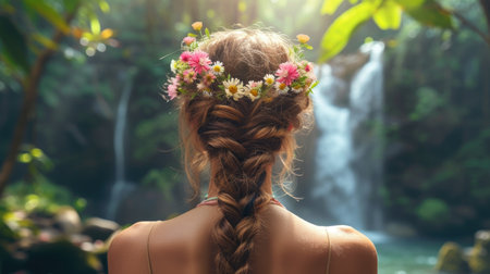Woman with floral braids in the jungle, back viewの素材