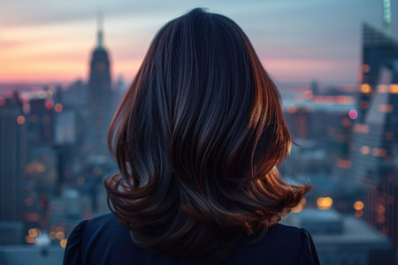 Chic women's hairstyle against the backdrop of a city landscapeの素材