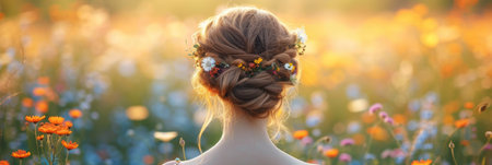Bohemian hairstyle with wildflowers in the backgroundの素材