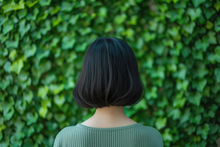 Stylish Female Model with Classic Bob Hairstyle Amidst Green Leavesの素材