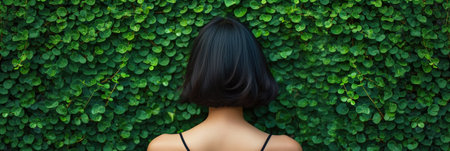 Stylish Female Model with Classic Bob Hairstyle Amidst Green Leavesの素材