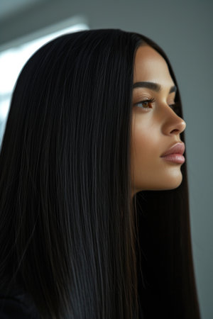 Close-up of a woman's perfectly straight hairstyleの素材