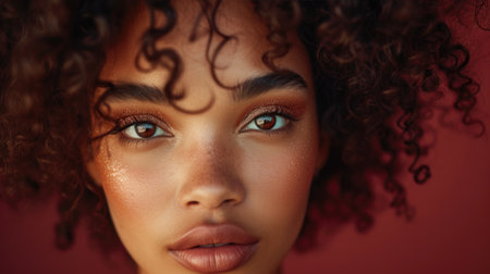 Close-up of woman's shimmery eye makeup and curly hairの素材