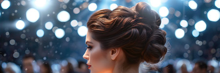 Stylish woman with fashionable hairstyle on party backgroundの素材