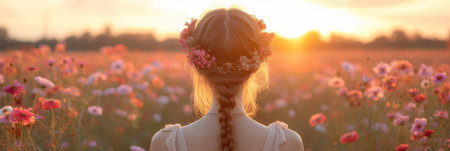 Woman in a flower crown among wildflowersの素材