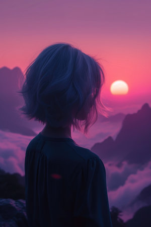 Modern sleek bob haircut on a woman against a vibrant sunset backgroundの素材