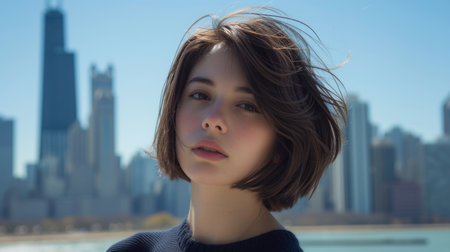 Stylish woman with modern hairstyle against city backgroundの素材