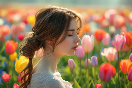 Exquisite bun hairstyle among a field of colorful tulipsの素材