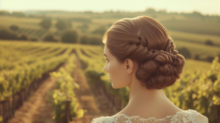 Retro beauty with elegant braided hairstyle in a vineyard at duskの素材