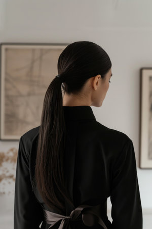 Sophisticated woman with sleek ponytail and bowの素材