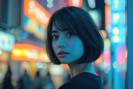 Elegant woman with a chic short hairstyle in the lights of the night cityの素材