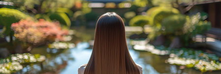Contemplative young woman in a tranquil Japanese gardenの素材
