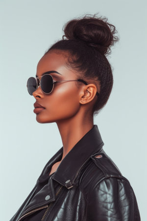 Woman in urban chic style with a high wisp and wearing a leather jacketの素材