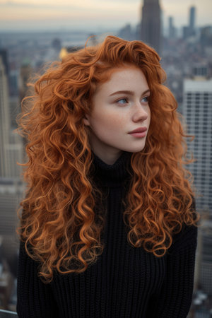 A woman with curly hair in the background of the cityの素材