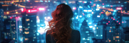Woman with sensual tousled hair and city lightsの素材