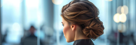 Exquisite bun hairstyle in a modern officeの素材