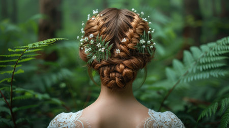 The bride's braid is decorated with wildflowers on the background of the forestの素材