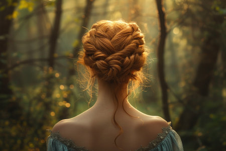 A woman with an ornate braided hairstyle in the woodsの素材
