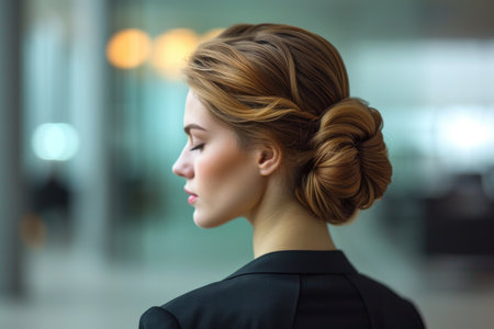 Exquisite bun hairstyle in a modern officeの素材