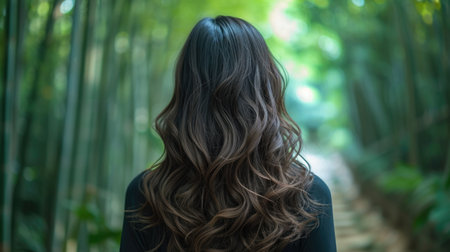 Curly-haired woman in a lush bamboo forestの素材