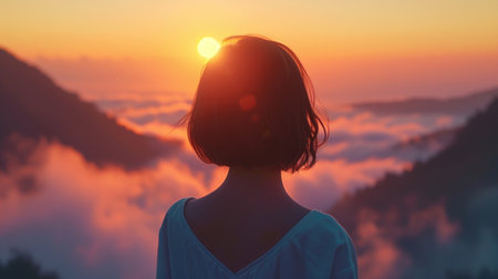 Modern sleek bob haircut on a woman against a vibrant sunset backgroundの素材