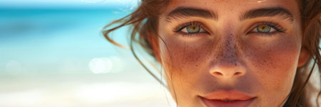 Beach beauty, close-up of a woman with frecklesの素材