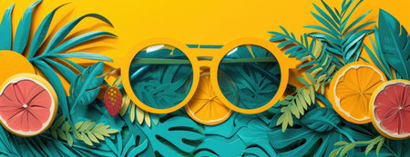 Retro Summer Vibes: A Collage of Sunglasses, Palm Leaves, and Fruitsの素材