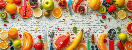Culinary Delight Collage: Colorful Fruits, Pastries, and Bright Kitchen Utensils on Recipe Backgroundの素材