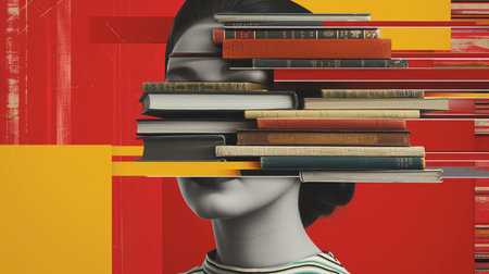 Woman and Books Surrealism: Face Concealed by Literature with Bold Geometric Backdropの素材