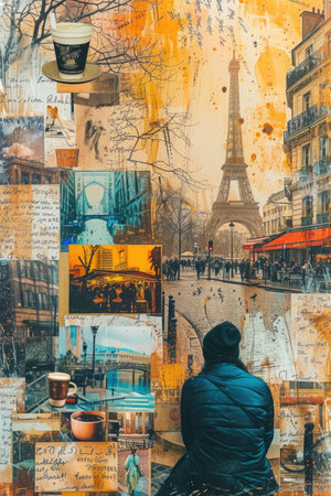 Scrapbook-Style Collage: Eclectic Mix of Paris Travel Memories, Coffee, and Notesの素材