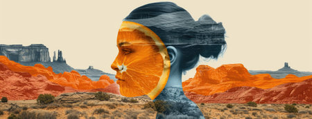 Digital Fusion Collage: Female Portrait, Citrus Elements, and Natural Landscapesの素材