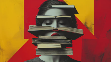 Woman and Books Surrealism: Face Concealed by Literature with Bold Geometric Backdropの素材