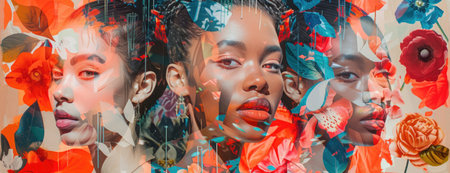 Chic Geometry and Florals Collage: Avant-Garde Runway Models with Mirrored and Patterned Eleganceの素材