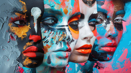 An avant-garde collection of faces adorned with abstract makeup art, their portraits layered atop a canvas of experimental textures and patternsの素材