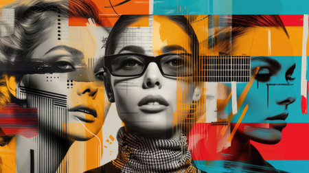 Iconic Fashion Faces Collage: Modernist Art Overlay with Bold Lines and Colorsの素材