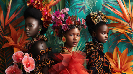 Tropical Avant-Garde Collage: Models in Abstract Dresses with Orchids and Leopard Printsの素材