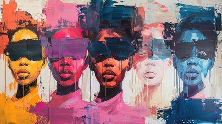 Androgynous Beauty Breakthrough Collage: Portraits Against Explosive Abstract Acrylicsの素材