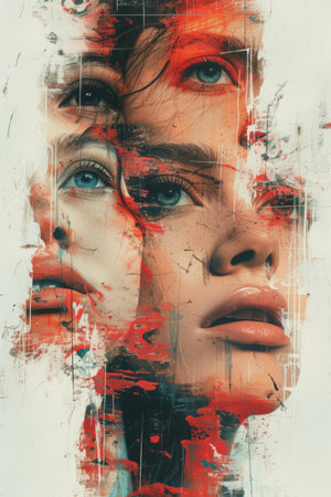 Abstract Narratives of Identity Collage: Androgynous Faces Intertwined with Expressive Brushworkの素材
