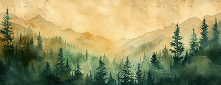 Tranquil Forest Vista: Abstract Watercolor in Green and Brown Layers, Perfect for a Peaceful Desktop Backgroundの素材
