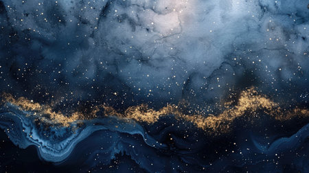 Night Sky Inspired Abstract Wallpaper: Dark Watercolor Background with Fine White and Gold Star-like Specksの素材