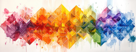 Crisp White Background with Rainbow Watercolor Geometrics: Sharp Abstract Shapesの素材