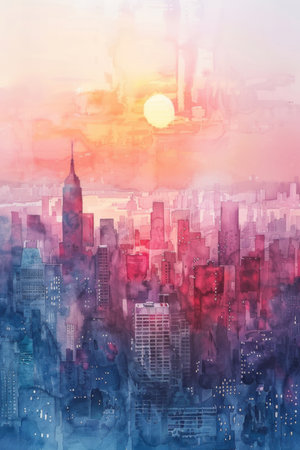 Artistic City at Dawn: Soft Watercolor Washes Depicting an Urban Skylineの素材
