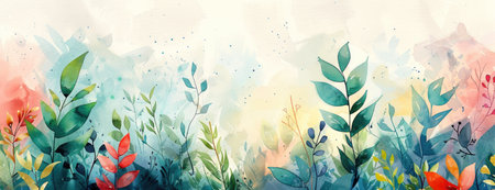 Fresh Garden Ambiance: Abstract Watercolor with Green Leaves and Colorful Floral Splashes for Desktopの素材