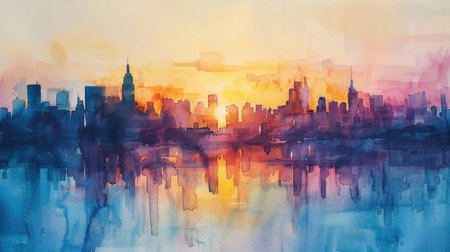 Urban Dawn: A Watercolor Skyline with Soft Washes of Color, Where Architecture Meets Artの素材