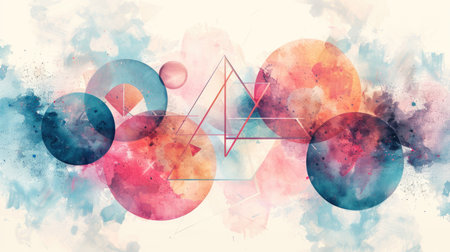Soft Modernity: Pastel Watercolor Geometric Abstraction with Circles and Triangles for Desktop Backgroundの素材