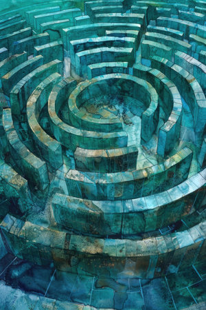 Serene Labyrinth: Cool Blue and Green Watercolor Paths for a Peaceful Desktop Aestheticの素材